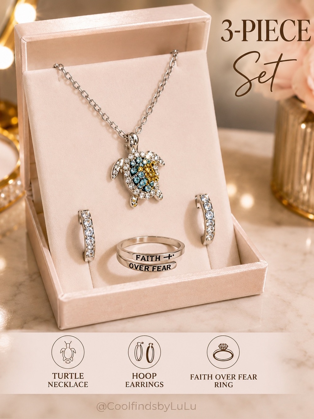 3 piece set Sterling Turtle Pendant Necklace, ring  and Hoop Earrings Set